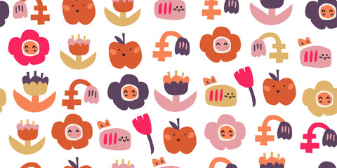 Obraz premium Seamless cute kids doodle pattern with flowers and bees