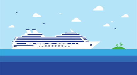 A simplified illustration depicts a large cruise ship sailing on blue water © SERINA AKTHER