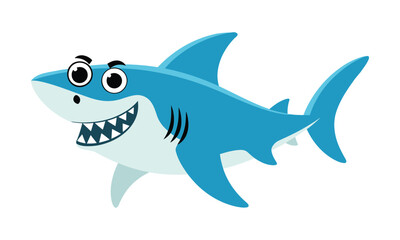 Obraz premium A friendly blue cartoon shark with a wide smile and sharp teeth swimming happily in the water.