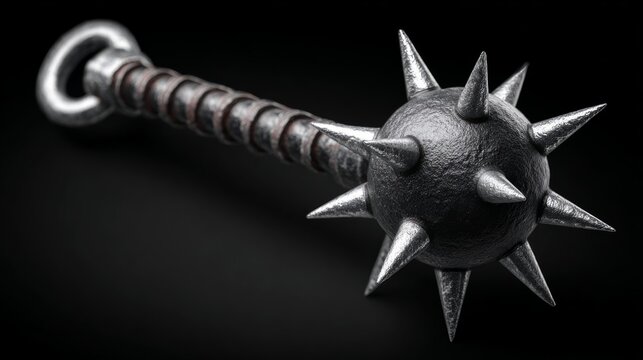 Barbarian flail weapon with a spiked metal head and a textured handle, positioned on a black background with ample copy space for text or graphics