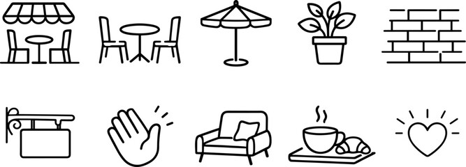 Collection of simple line art icons representing cafe and home elements
