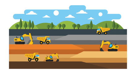 Construction site with excavators and dump trucks working in a quarry landscape © SERINA AKTHER