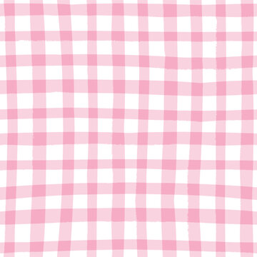 Hot Pink Gingham Seamless Vector Pattern hand drawn barbie pink grid white modern geometric backdrop