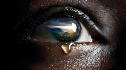 Naklejka premium Close-up of a human eye reflecting the Earth, with a tear rolling down.