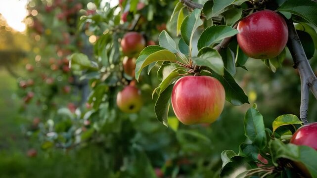 Hands gently picking ripe red apples from lush tree in orchard
