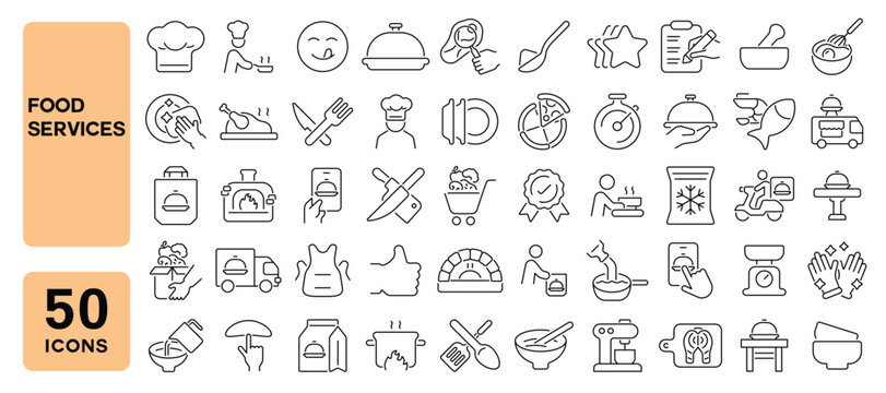 Set of 50 line icons related to food services, catering, tray, food order, chef, restaurant, food, cooking, Editable stroke. Vector illustration