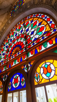 Stained glass window light Nasir al-Mulk Mosque in Shiraz, Iran.