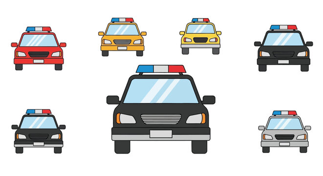 A collection of colorful police cars arranged in a circular pattern