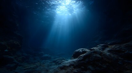 Obraz premium Vibrant sunbeams stream through the deep blue ocean illuminating a dramatic rocky underwater landscape with ethereal light rays