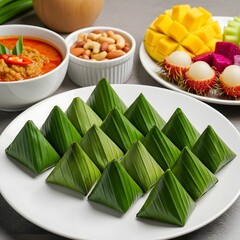 Assorted traditional snacks displayed on a dining table with vibrant accompaniments illustration