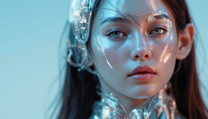 Portrait of a Highly Polished Gold Metallic Female Android with Realistic Features and Blue Eyes Representing High-End Luxury Robotics, Cybernetic Artificial Intelligence, and Future Evolution