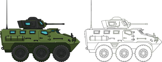 Armored military vehicle illustration with turret, six wheels, colored camouflage version and outline drawing, defense, army, war, and education themes © Yeasrin