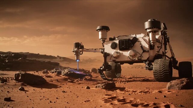 Planetary rover drilling into rocky surface on planet Mars. Scientific exploration and soil sampling on red terrain. Panning and tilting camera movement.