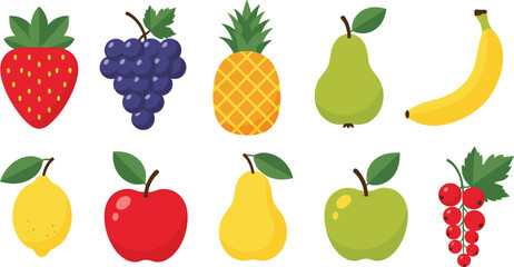 Cartoon fruit illustration set with strawberry, grapes, pineapple, pears, banana, lemon, apples, currants, colorful design for food and education themes