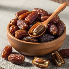 A wooden bowl filled with delicious stuffed dates and a wooden spoon illustration