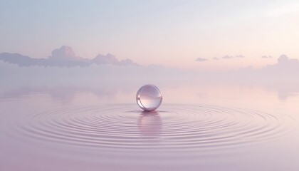 Surreal Glass Sphere Floating Above Pink Water with Gentle Ripples under a Soft Pastel Sunset Sky Representing Mindfulness, Zen Meditation, Inner Peace, and Minimalist Artistic Concepts