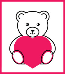 Obraz premium Adorable Outline Teddy Bear Holds a Vibrant Pink Heart Expressing Love and Affection