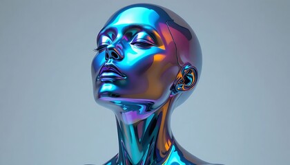 Futuristic Iridescent Humanoid Robot Face with Metallic Chrome Finish and Holographic Gradient Reflections Representing Artificial Intelligence, Cybernetic Evolution, and High-Tech Digital Art Sculptu