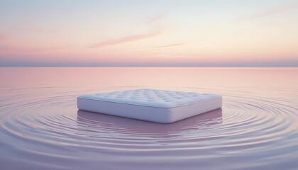 White Comfortable Mattress Floating on Calm Pink Water with Concentric Ripples during a Pastel Sunset Representing Dreamy Sleep, Relaxation, Luxury Bedding, and Comfort Concept Art