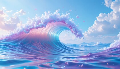 Surreal Ocean Wave in Pastel Pink and Turquoise with Iridescent Sea Foam and Floating Metallic Spheres under a Bright Blue Sky Representing Dreamy Tropical Paradise and Vaporwave Nature Concept