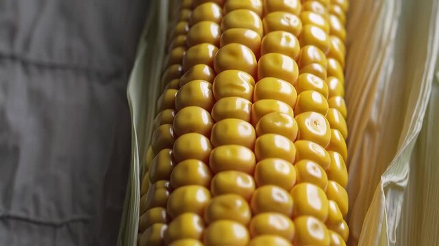 Witness a beautiful, softly lit close-up featuring rows of bright yellow kernels on a freshly picked ear of corn, surrounded by pale green husks. Captures the essence of farm-fresh produce.