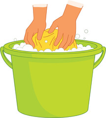 Hand washing laundry in a green plastic bucket with soap bubbles and foam flat vector illustration for housekeeping sanitation domestic cleaning and manual laundry service concepts. © Mukta  Creative
