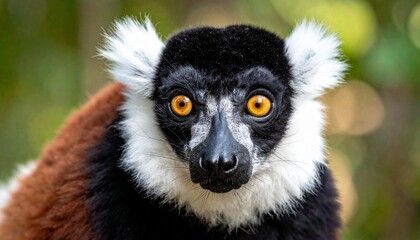 Obraz premium Close‑up of red ruffed lemur with orange eyes, black face, white ear tufts, reddish‑brown fur, blurred green background, striking endangered species portrait.