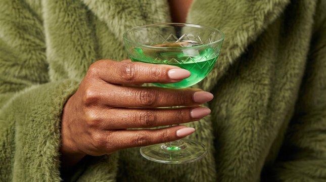 A woman with effortless style holds a green cocktail glass, representing wealth and a luxury lifestyle at a party.