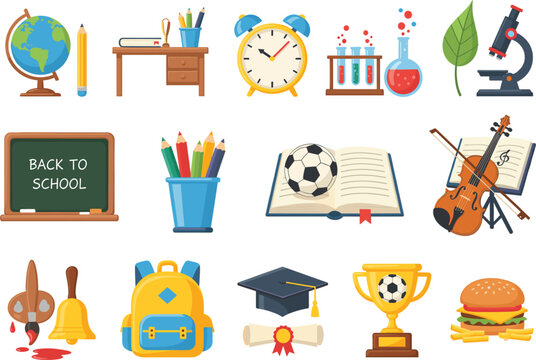 Back to school flat vector illustration set with globe desk clock microscope backpack chalkboard and stationery for education learning and classroom design.