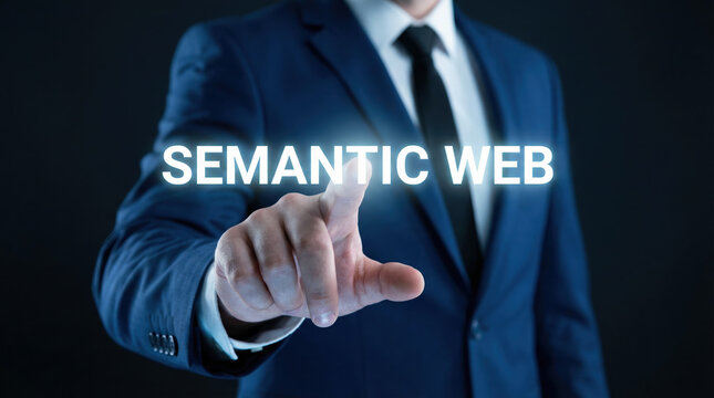 Businessman touching the words 'semantic web' glowing on a dark background, representing technology and data.