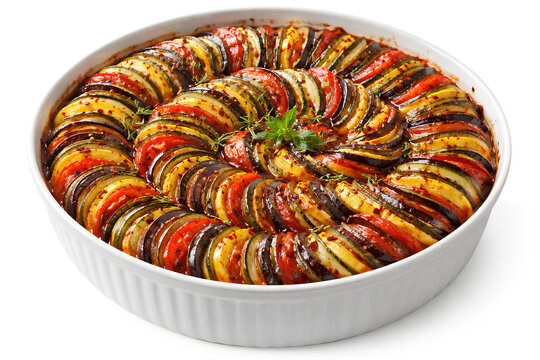 Colorful ratatouille vegetable casserole with sliced zucchini eggplant tomato and herbs in round baking dish isolated on white background, healthy Mediterranean cuisine concept
