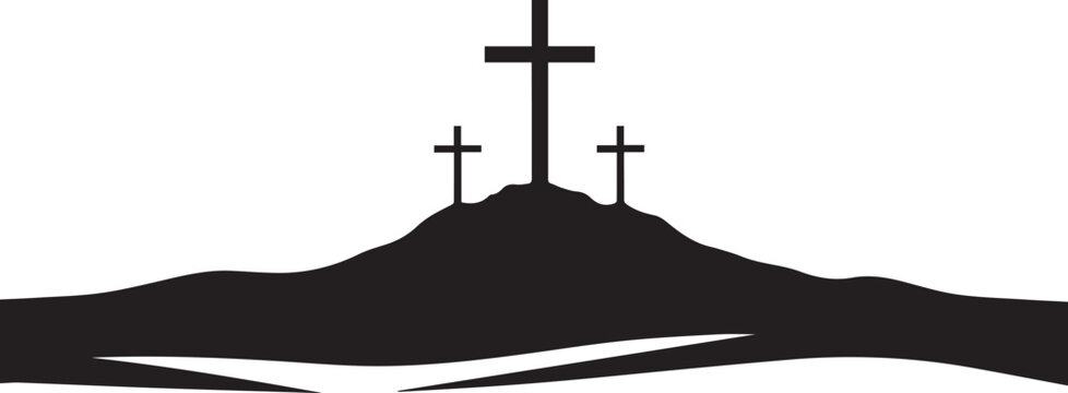 Three crosses on hilltop vector illustration silhouette for religious backdrop design art