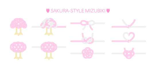 桜をモチーフにした水引きセット,ラインが編集可能な春の水引き。年賀状や入学祝いなどに使えるイラスト素材