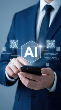 Businessman using a smartphone to connect with a digital artificial intelligence brain via holograms.