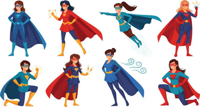 Female Superhero Cartoon Character Set with Powerful Women in Capes, Action Poses, Flying, Magic Energy, and Comic Style Vector Illustration