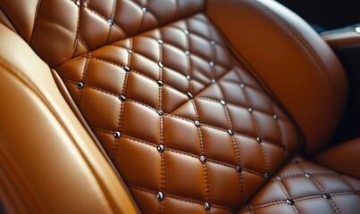 Fototapeta premium Luxury car interior featuring tan leather upholstery with meticulous diamond stitching and metal studs, highlighting comfort and craftsmanship