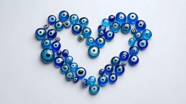 Heart Shape Formed by Blue Evil Eye Beads on White Background.