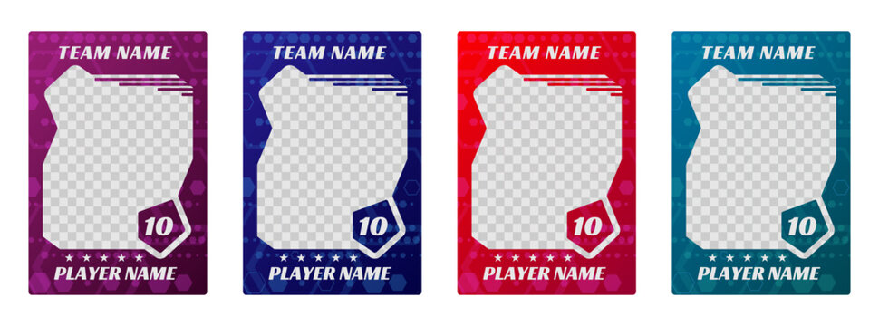 Sports trading card template collection. Vector frames for football, soccer, basketball, hockey and volleyball player photos, modern flyer layout elements on white background
