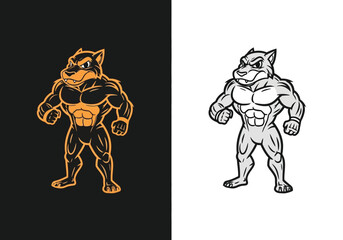 Muscular wolf mascot illustration in orange and gray tones © Sadew