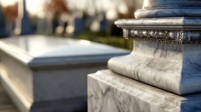 Medium shot capturing a classic marble tombstone with subtle veining and a smooth finish in a serene cemetery setting.