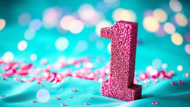 Number one pink glitter on blue background celebrating first birthday