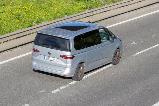 Volkswagen multivan driving on highway aerial view