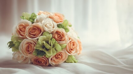 Obraz premium Beautiful Peach and Cream Rose Bridal Bouquet with Green Hydrangeas.