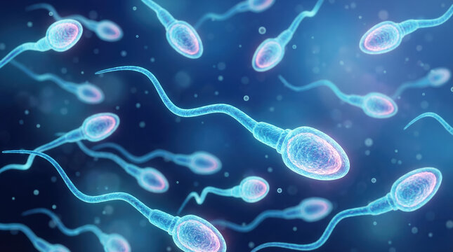 Microscopic view of human sperm cells swimming in a fluid, symbolizing fertility and reproduction.