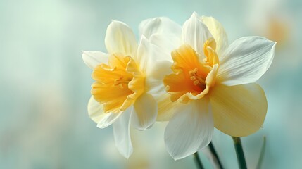 Fototapeta premium Close-up of Two Delicate White and Yellow Daffodils in Soft Light.