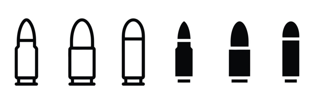 Ammunition cartridge and bullet icon vector. Firearm ballistics and shooting sports equipment symbol set. Vector illustration