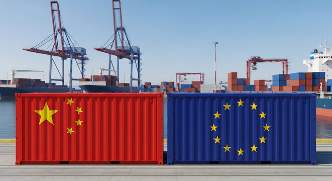 China and European Union shipping containers at port