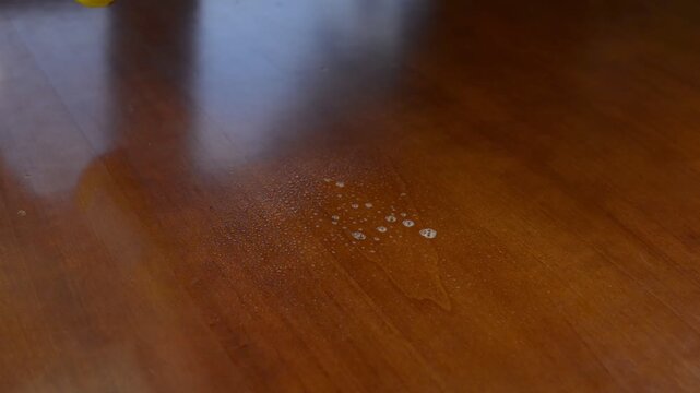 The rhythmic spritzing of furniture polish onto a solid wood surface with a sound of the fine mist landing