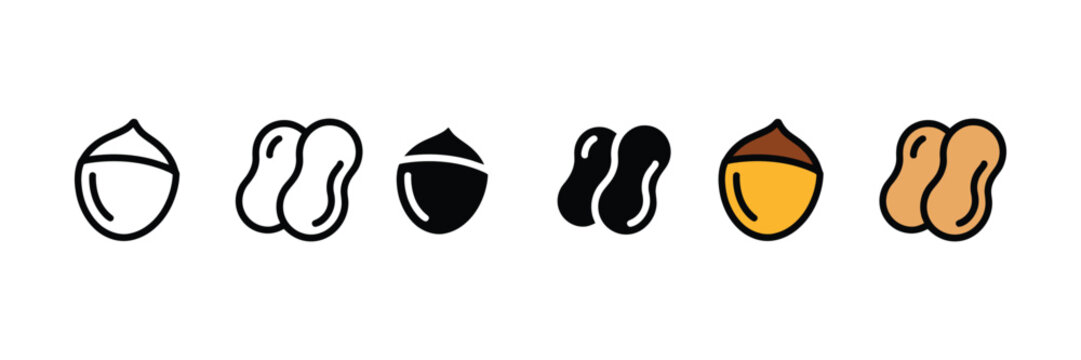 Organic hazelnut and peanut snacks icon vector. Natural tree nuts and groundnut legume symbol set. Vector illustration