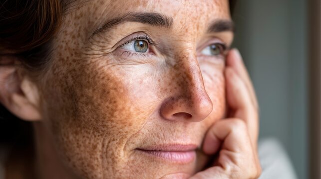 Woman with freckles looking thoughtfully while resting her chin on her hand during a quiet afternoon indoors near a window